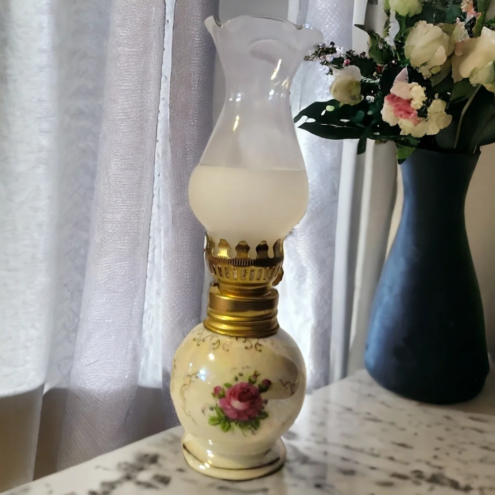 Vtg Mini Oil Kerosene Lamp Iridescent Lusterware Floral Brass Frosted Shade